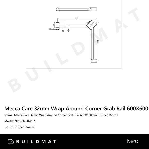 Nero Mecca Care 32mm Wrap Around Corner Grab Rail 600X600mm Brushed Bronze