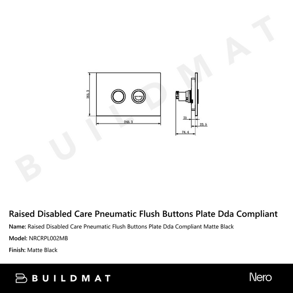Nero Raised Disabled Care Pneumatic Flush Buttons Plate DDA Compliant Matte Black