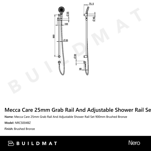 Nero Mecca Care 25mm Grab Rail And Adjustable Shower Rail Set 900mm Brushed Bronze