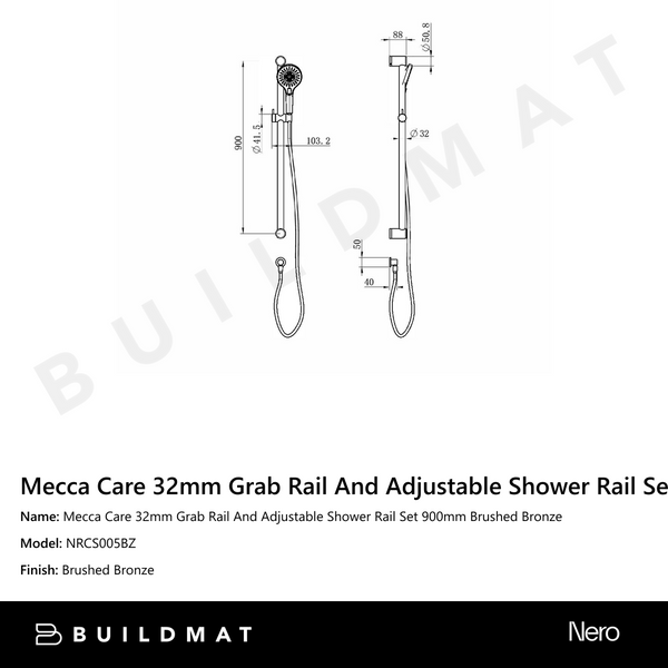 Nero Mecca Care 32mm Grab Rail And Adjustable Shower Rail Set 900mm Brushed Bronze