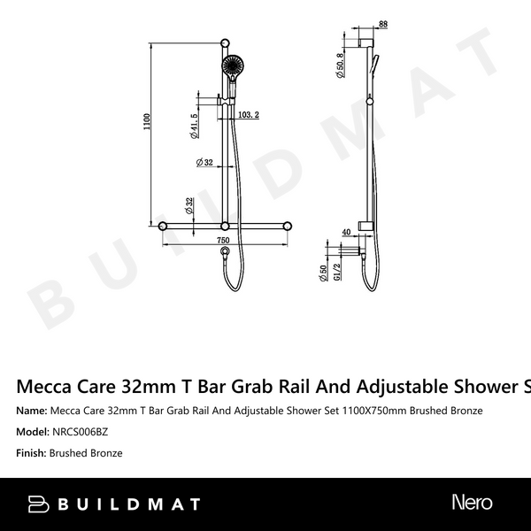 Nero Mecca Care 32mm T Bar Grab Rail And Adjustable Shower Set 1100X750mm Brushed Bronze