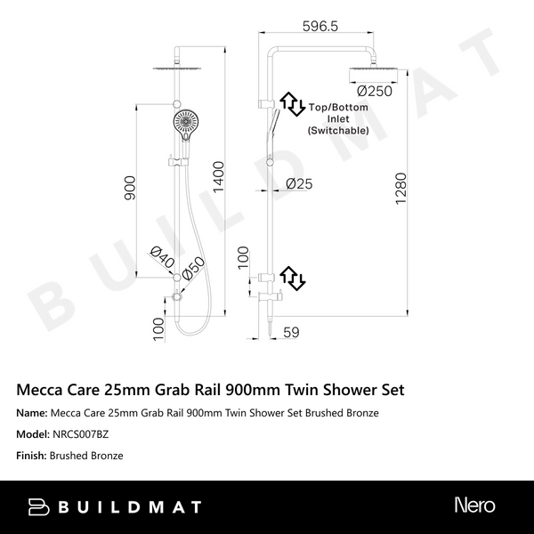 Nero Mecca Care 25mm Grab Rail 900mm Twin Shower Set Brushed Bronze