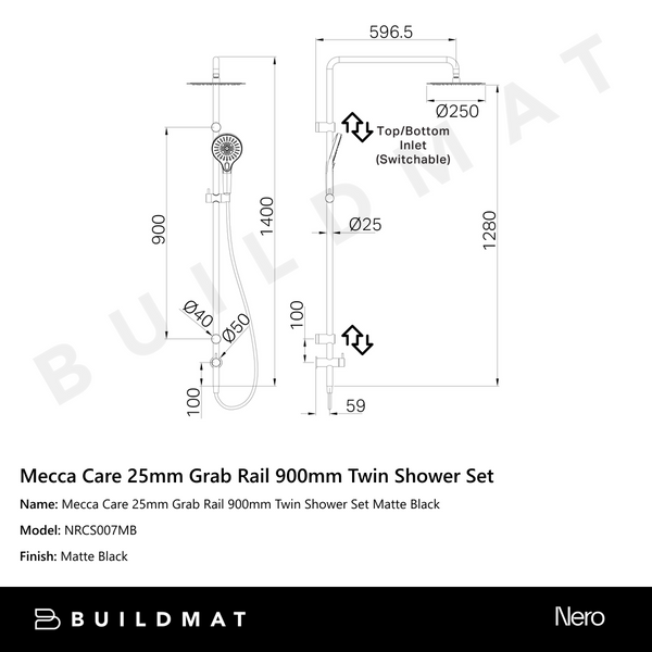 Nero Mecca Care 25mm Grab Rail 900mm Twin Shower Set Matte Black