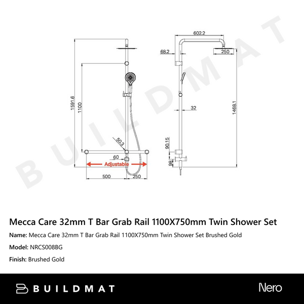 Nero Mecca Care 32mm T Bar Grab Rail 1100 x 750mm Twin Shower Set Brushed Gold