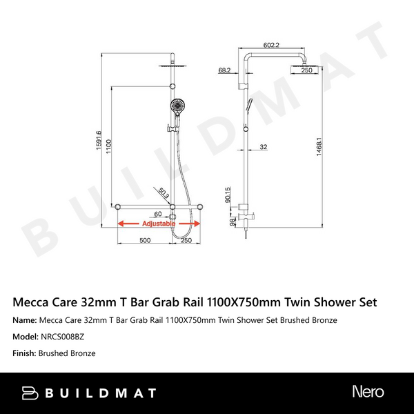 Nero Mecca Care 32mm T Bar Grab Rail 1100 x 750mm Twin Shower Set Brushed Bronze