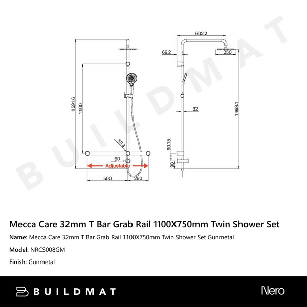 Nero Mecca Care 32mm T Bar Grab Rail 1100 x 750mm Twin Shower Set Gunmetal