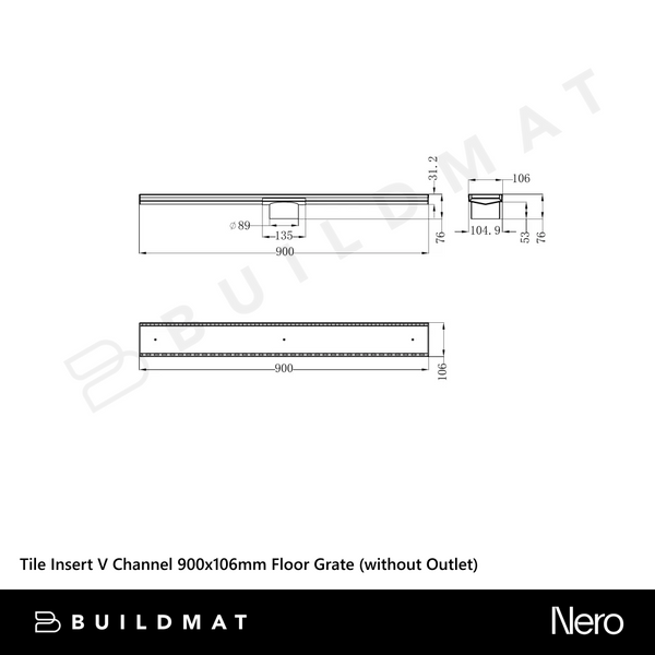 Nero Tile Insert V Channel 900x106mm Floor Grate (without Outlet) Brushed Bronze