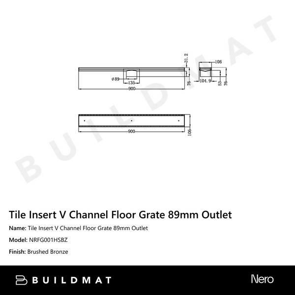 Nero Tile Insert V Channel 900x106mm Floor Grate 90mm Outlet Brushed Bronze