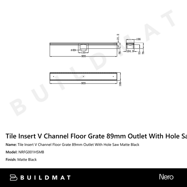 Nero Tile Insert V Channel 900x106mm Floor Grate 90mm Outlet Matte Black