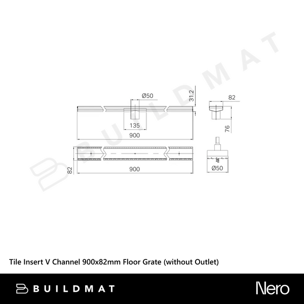 Nero Tile Insert V Channel 900x82mm Floor Grate (without Outlet) Brushed Bronze