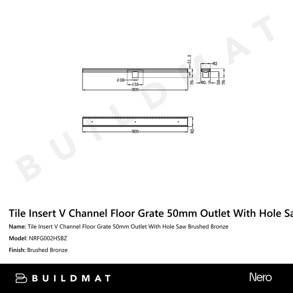 Nero Tile Insert V Channel 900x82mm Floor Grate 50mm Outlet Brushed Bronze