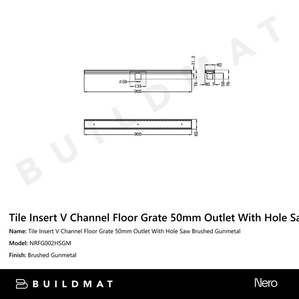 Nero Tile Insert V Channel 900x82mm Floor Grate 50mm Outlet Gunmetal