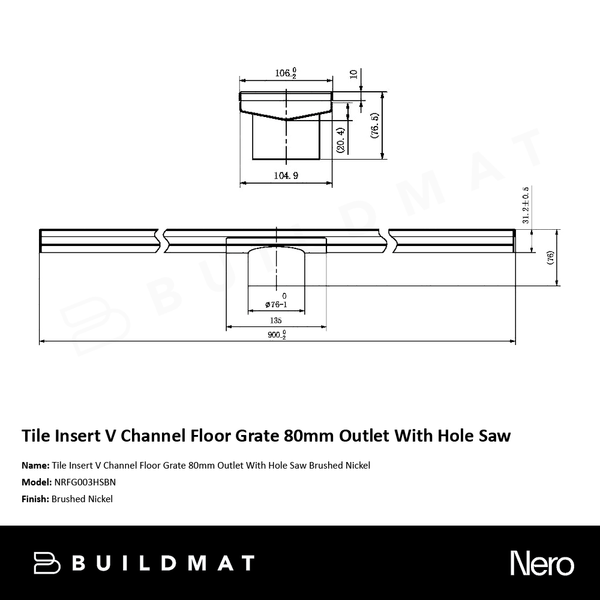 Nero Tile Insert V Channel 900x106mm Floor Grate 80mm Outlet Brushed Nickel