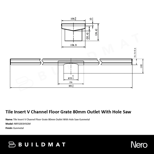 Nero Tile Insert V Channel 900x106mm Floor Grate 80mm Outlet Gunmetal