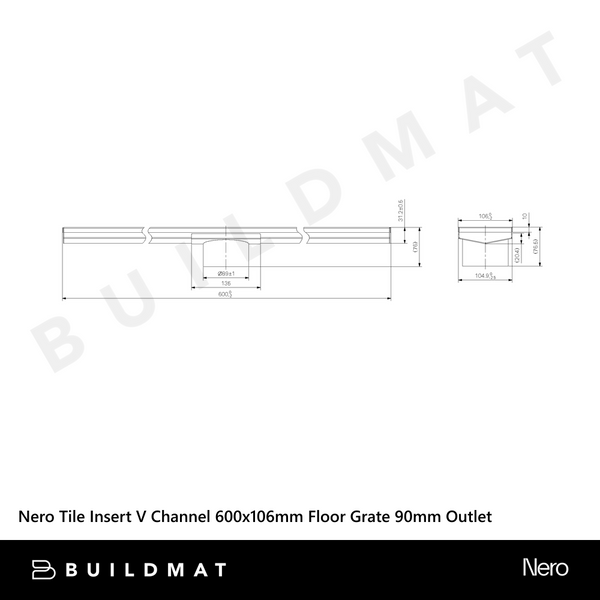 Nero Tile Insert V Channel 600x106mm Floor Grate 90mm Outlet Matte Black
