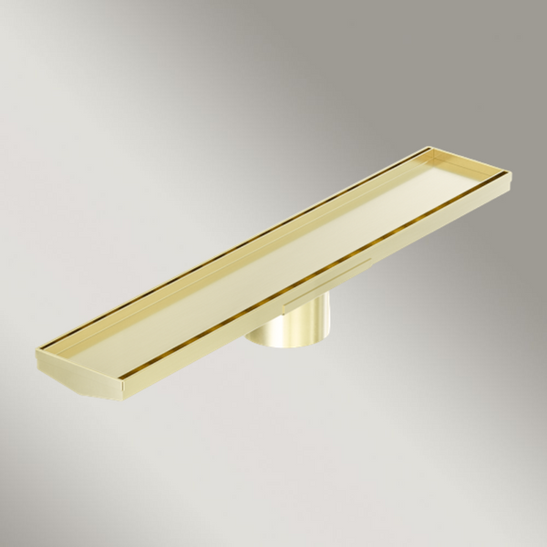 Nero Tile Insert V Channel 600x106mm Floor Grate 90mm Outlet Brushed Gold