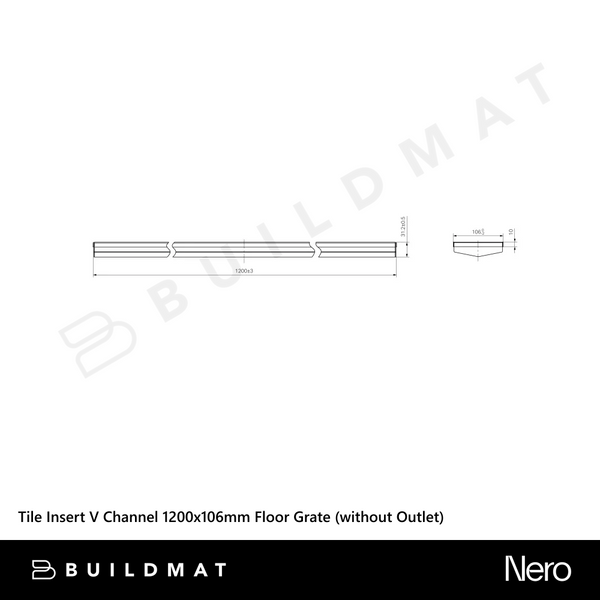 Nero Tile Insert V Channel 1200x106mm Floor Grate (without Outlet) Brushed Nickel