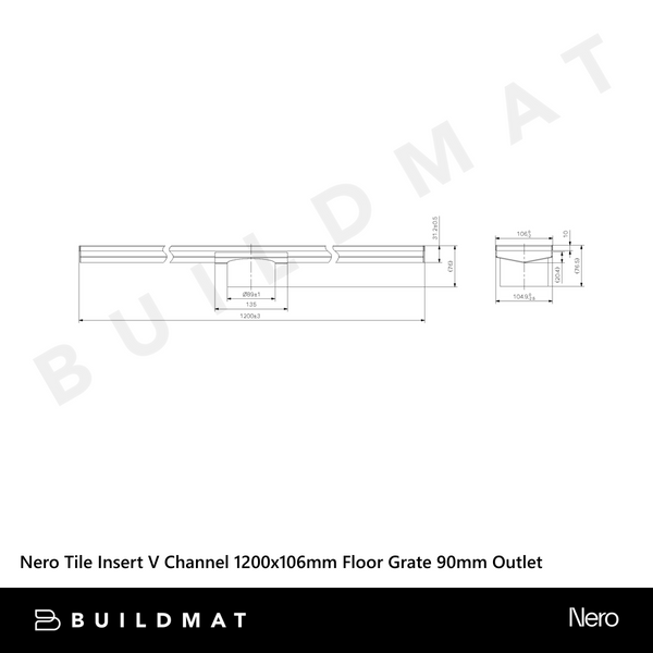 Nero Tile Insert V Channel 1200x106mm Floor Grate 90mm Outlet Brushed Bronze