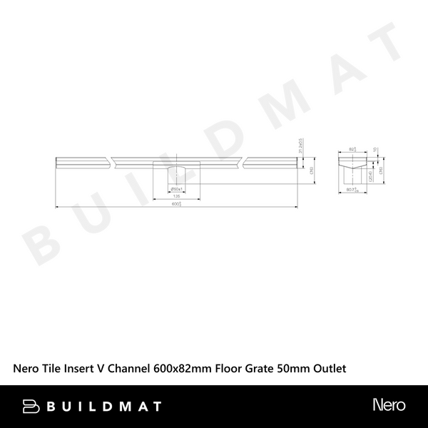 Nero Tile Insert V Channel 600x82mm Floor Grate 50mm Outlet Brushed Gold
