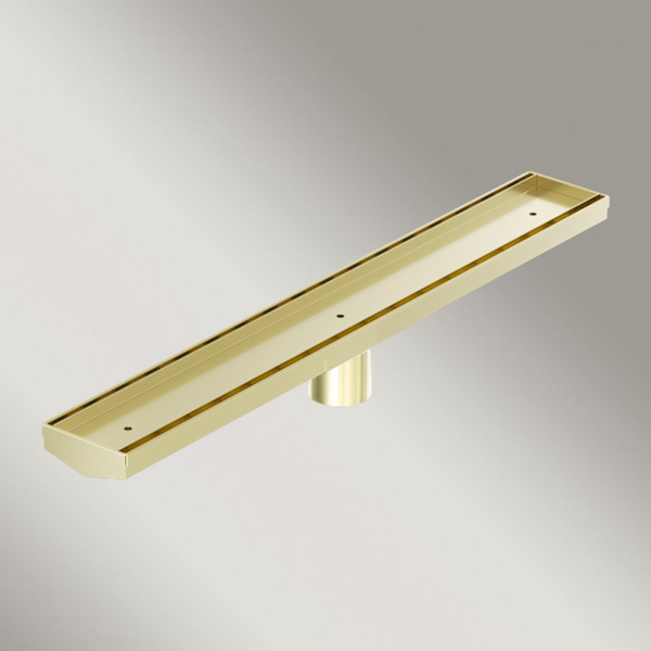 Nero Tile Insert V Channel 600x82mm Floor Grate 50mm Outlet Brushed Gold