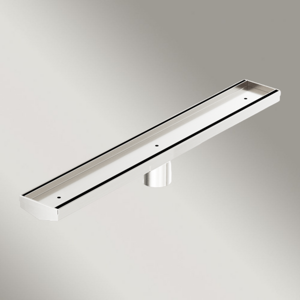 Nero Tile Insert V Channel 600x82mm Floor Grate 50mm Outlet Brushed Nickel