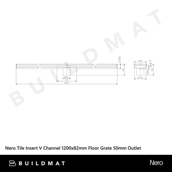 Nero Tile Insert V Channel 1200x82mm Floor Grate 50mm Outlet Brushed Nickel