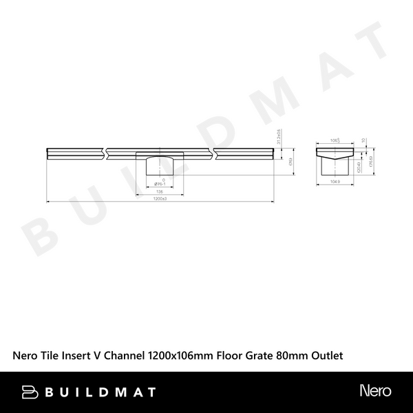 Nero Tile Insert V Channel 1200x106mm Floor Grate 80mm Outlet Brushed Nickel