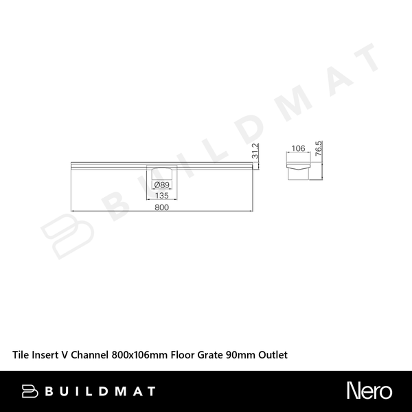 Nero Tile Insert V Channel 800x106mm Floor Grate 90mm Outlet Brushed Gold