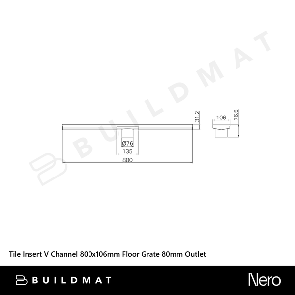Nero Tile Insert V Channel 800x106mm Floor Grate 80mm Outlet Gunmetal
