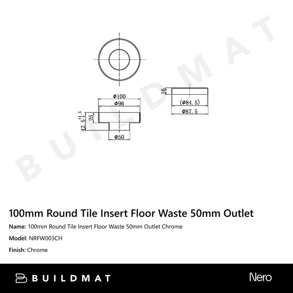 Nero 100mm Round Tile Insert Floor Waste 50mm Outlet Chrome