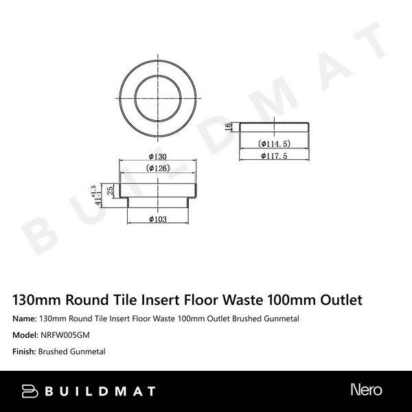 Nero 130mm Round Tile Insert Floor Waste 100mm Outlet Gun Metal