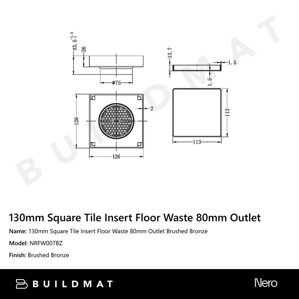 Nero 130mm Square Tile Insert Floor Waste 80mm Outlet Brushed Bronze