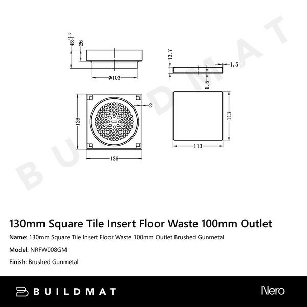 Nero 130mm Square Tile Insert Floor Waste 100mm Outlet Gun Metal
