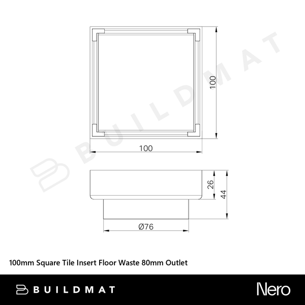 Nero 100mm Square Tile Insert Floor Waste 80mm Outlet Matte Black