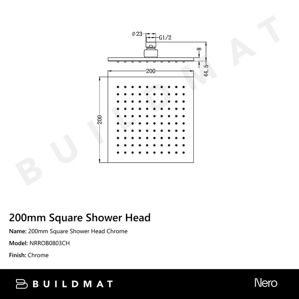 Nero 200mm Square Shower Head Chrome