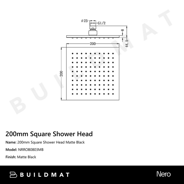 Nero 200mm Square Shower Head Matte Black
