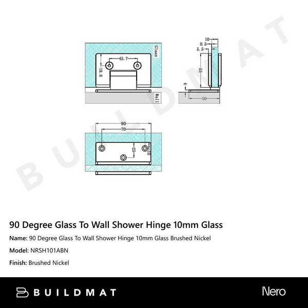 Nero 90 Degree Glass To Wall Shower Hinge 10mm Glass Brushed Nickel