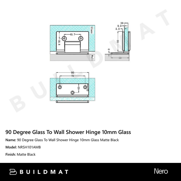 Nero 90 Degree Glass To Wall Shower Hinge 10mm Glass Matte Black