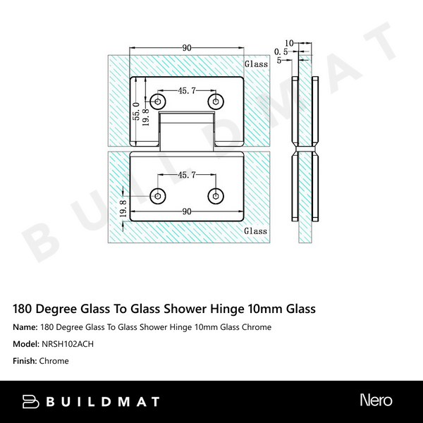 Nero 180 Degree Glass To Glass Shower Hinge 10mm Glass Chrome