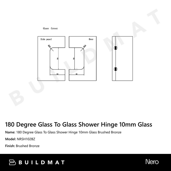 Nero 180 Degree Glass to Glass Shower Hinge 10mm Glass Brushed Bronze
