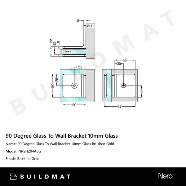 Nero 90 Degree Glass To Wall Bracket 10mm Glass Brushed Gold