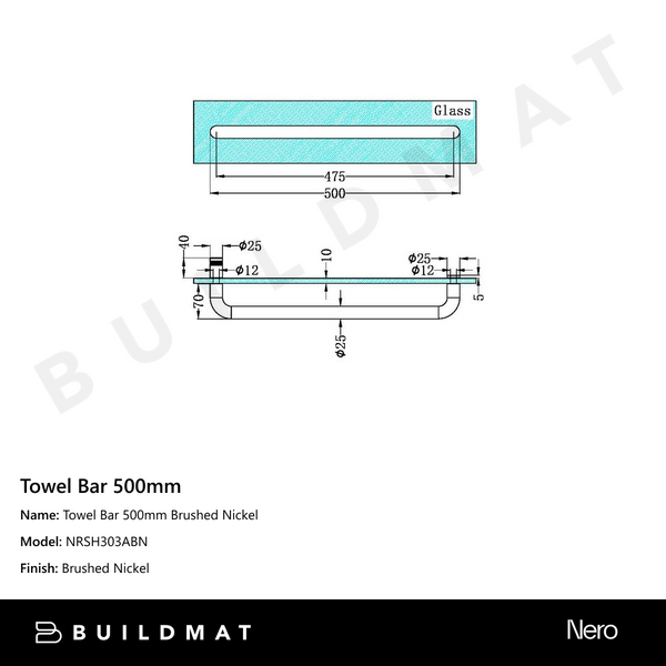 Nero Towel Bar 500mm Brushed Nickel