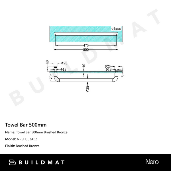 Nero Towel Bar 500mm Brushed Bronze