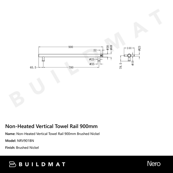 Nero Non-Heated Vertical Towel Rail 900mm Brushed Nickel