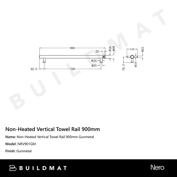 Nero Non-Heated Vertical Towel Rail 900mm Gunmetal