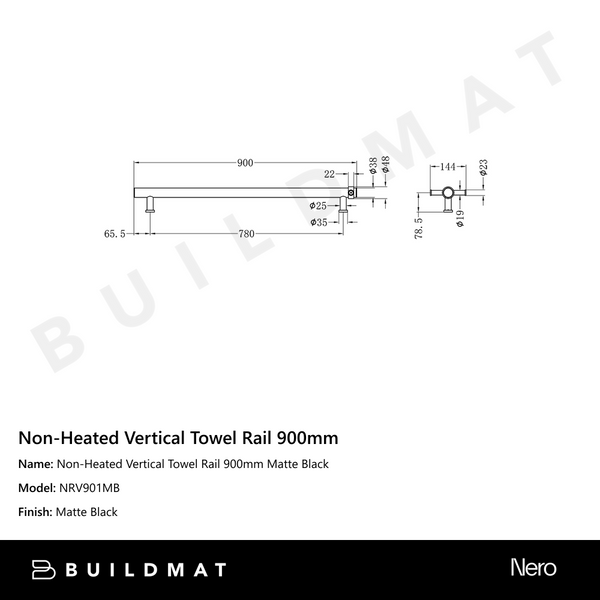 Nero Non-Heated Vertical Towel Rail 900mm Matte Black