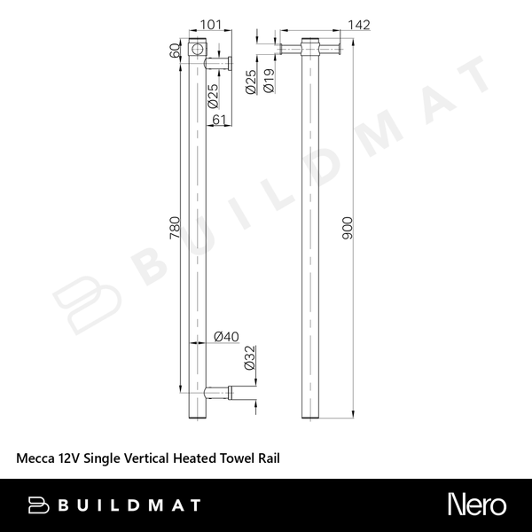 Nero Mecca 12V Single Vertical Heated Towel Rail Matte Black