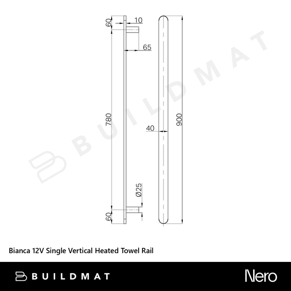 Nero Bianca 12V Single Vertical Heated Towel Rail Brushed Nickel