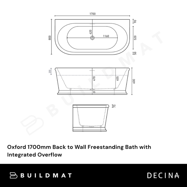 Decina Oxford 1700mm Back to Wall Freestanding Bath with Integrated Overflow Gloss White
