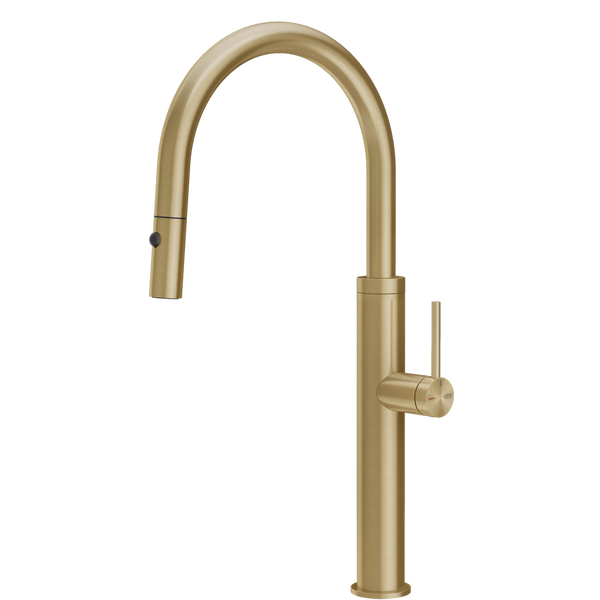 Gessi 316 Smooth Goose Neck Pull Out Spray Mixer Brushed Brass